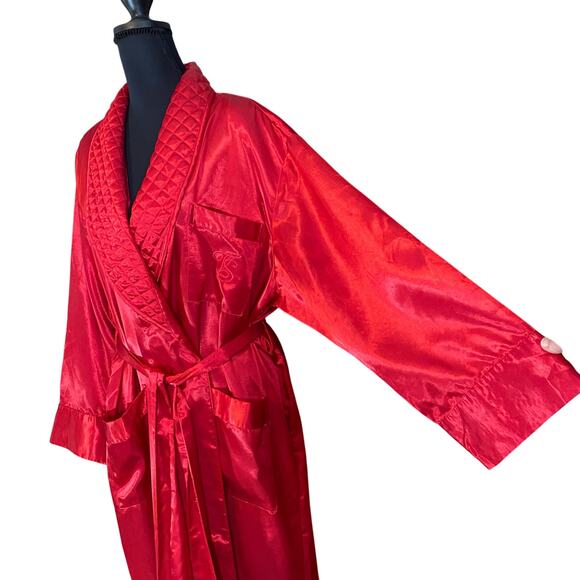 Vintage Victoria’s Secret Red Satin Quilted Robe Belted M/L Embroidered Pocket - Picture 4 of 8